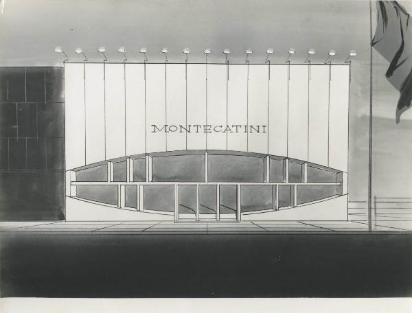 Bari - Fiera del Levante del 1960 - Riproduzione - Bozzetto della facciata dell'ingresso al padiglione Montecatini