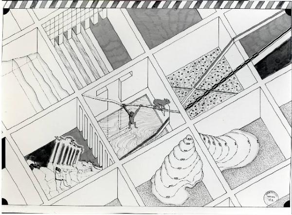 XVI Triennale - Terzo ciclo - La sistemazione del design - L'interno dopo la forma dell'utile (concorso) - Disegno di Brunetto De Battè e Giovanna Santinolli
