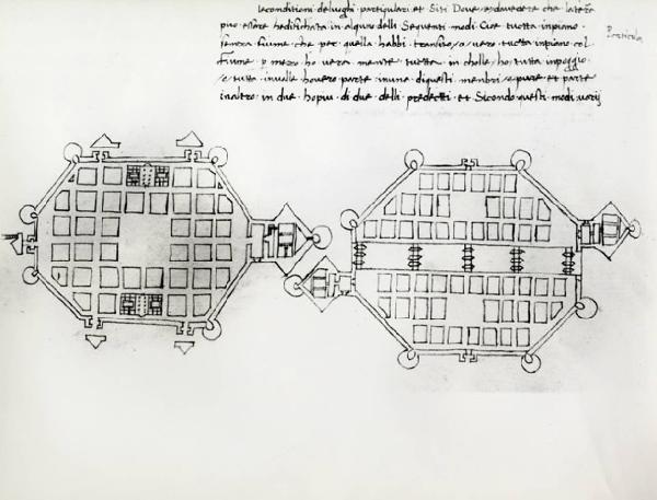 IX Triennale - Studi sulle proporzioni - Riproduzione di una pagina appartenente al manoscritto cartaceo "Trattato di architettura" del Filarete