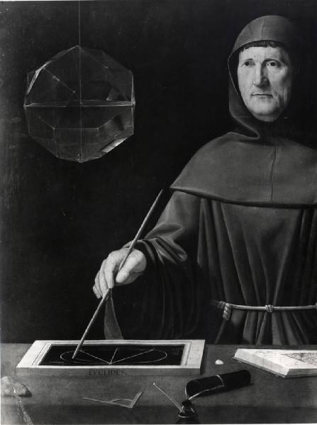 IX Triennale - Studi sulle proporzioni - Ritratto del matematico Luca Pacioli, dipinto attribuito a Jacopo de' Barbari, particolare