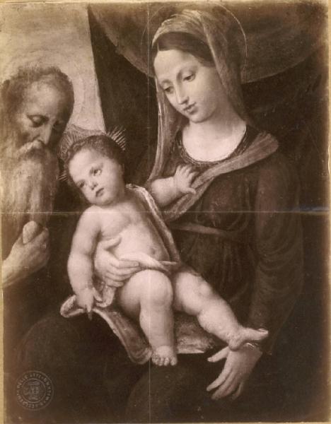 Pittore veneto prima metà sec XVI - Madonna con Bambino e san Girolamo - Dipinto