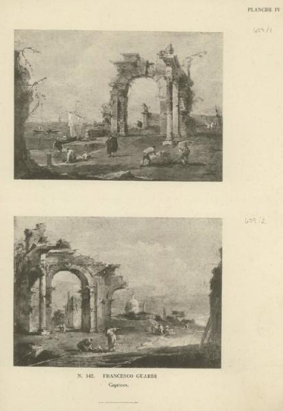 Guardi, Francesco - Capriccio con arco in rovina, case e cupola sullo sfondo - Dipinto - Olio su tela - Parigi - Collezione A. Leroy