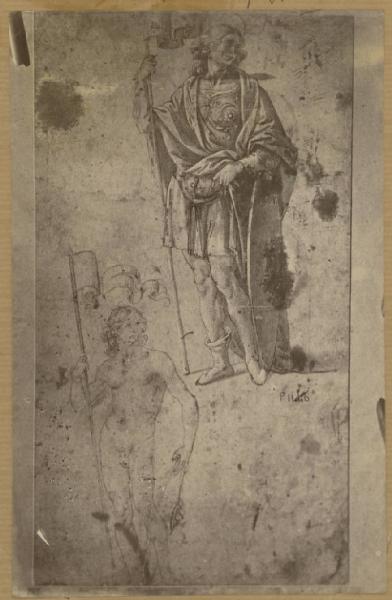 Lorenzo di Credi - Due studi di figura, uno nudo, l'altro drappeggiato, per un porta-pennone con scudo al fianco - Disegno - Firenze - Uffizi - Gabinetto dei Disegni e delle Stampe