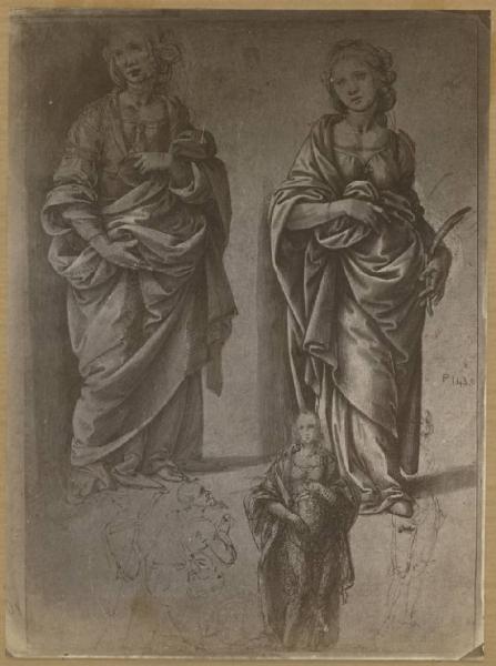 Studi per santa martire e figura femminile, in scala minore due figure femminili e figura maschile in ginocchio - Disegno - Firenze - Uffizi - Gabinetto dei Disegni e delle Stampe