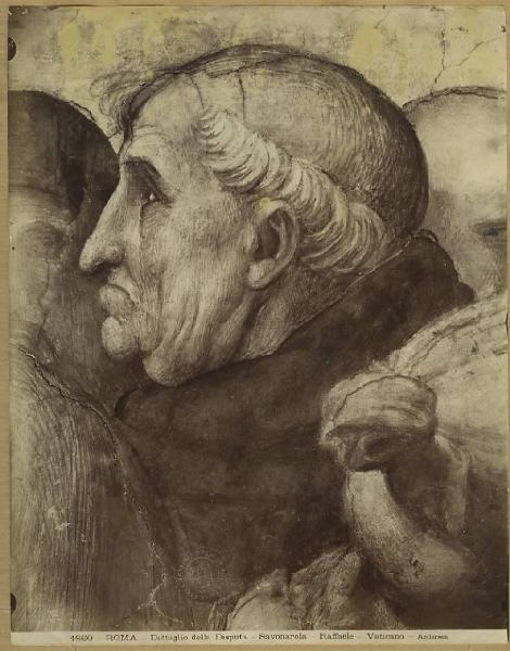 Sanzio, Raffaello - Ritratto di Savonarola - La Disputa del Scaramento (part.) - Affresco - Città del Vaticano - Palazzi Vaticani - Stanza della Segnatura - Parete