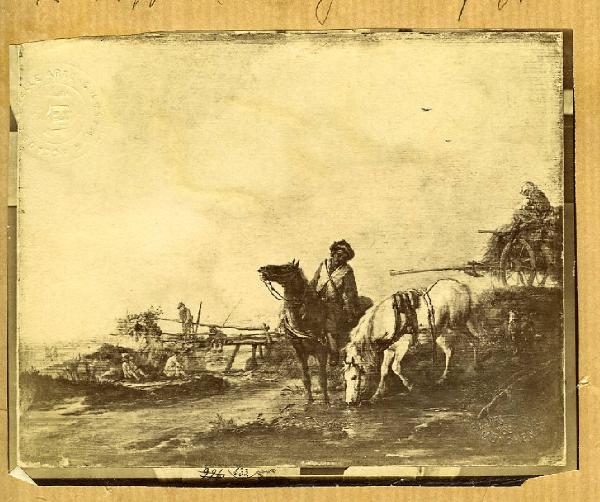 Pittore olandese sec. XVII? - Contadini con cavalli e carro e pescatori sulla riva di un fiume - Dipinto - Monaco - Alte Pinakothek