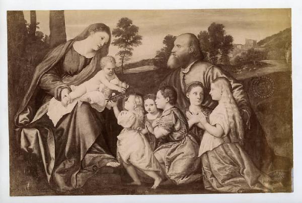 Pittore veneto inizio sec. XVI - Madonna con Bambino e santo(?) con donatori - Dipinto