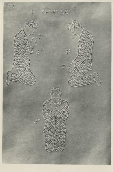 Riproduzione di materiale didattico per ciechi con disegni punteggiati in rilievo - Persona che prega - Scrittura in braille