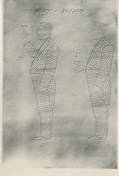 Riproduzione di materiale didattico per ciechi con disegni punteggiati in rilievo - Uomo con bicchiere - Scrittura in braille