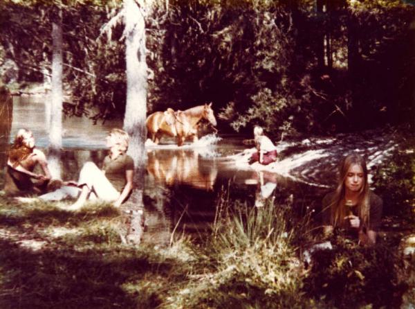 Scena del film "Pane e cioccolata" - Regia Franco Brusati - 1974 - Quattro attori non identificati e un cavallo al fiume