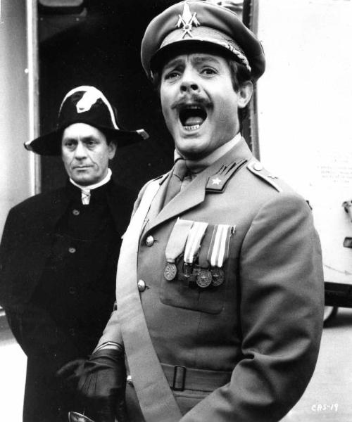 Scena del film "Casanova '70" - Regia Mario Monicelli - 1964 - L'attore Marcello Mastroianni in divisa da maggiore dei carabinieri