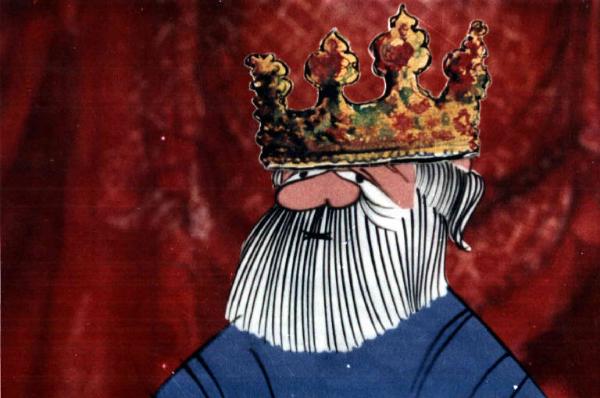Scena del film "Il cavaliere inesistente" - Regia Pino Zac - 1971 - Fotografia tratta da una scena animata raffigurante un re con la corona
