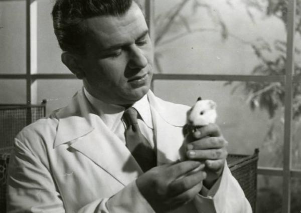 Sul set del film "Diagnosi" - Regia Ferruccio Cerio, 1942 - Gino Cervi anche nei momenti di pausa si esercita ad essere "professore" ed eccolo amico di un porcellino d'India che lavora con lui.