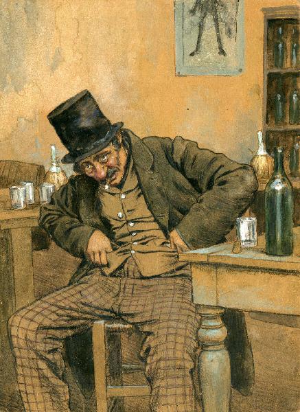Disegno del film "El tecoppa" - Regia Luca Comerio, 1914 - Ritratto di Edoardo Ferravilla seduto a un tavolo di una locanda mentre fuma protraendosi in avanti.