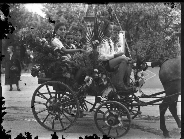 Ritratto di gruppo - Cinque giovani in abiti tradizionali seduti sulla carrozza addobbata di fiori, tralci e grappoli d'uva - Groppa del cavallo - Salice Terme - IX Festa nazionale dell'uva