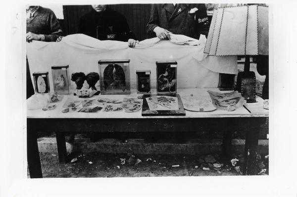Scena di un film-documentario - Germania - Campo di concentramento di Buchenwald - Nazismo - Dopo la liberazione - Banchetto - Esibizione di oggetti trovati nel campo: paralumi e stampe di pelle umana, parti di corpi umani (attribuiti a Ilse Koch)