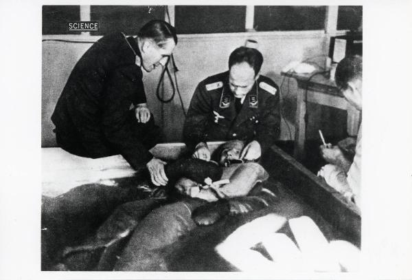 Seconda guerra mondiale - Nazismo - Germania - Campo di concentramento di Dachau - Laboratorio, interno - Esperimenti sul congelamento - Vasca con acqua gelata - Prigioniero immerso - Ufficiali SS in divisa / Le SS sono Ernst Holzlöhner (a sx), Sigmund Rascher (a dx)
