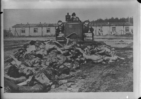 Seconda guerra mondiale - Germania - Campo di concentramento di Bergen Belsen - Nazismo - Dopo la liberazione - Prigionieri deceduti - Ruspa dell'armata inglese - Trasporto dei cadaveri nella fossa comune