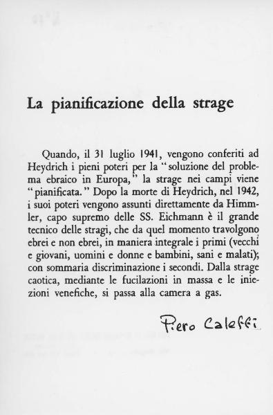 Testo di Piero Caleffi "La pianificazione della strage" - Nazismo - Campi di concentramento - SS