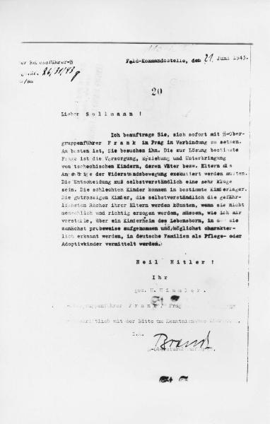 Lettera di Heinrich Himmler a Max Sollmann (21/06/1943) - Nazismo - Comunicazione tra comandanti tedeschi - Campo di concentramento - Prigionia - Infanzia - Educazione - Lebensborn