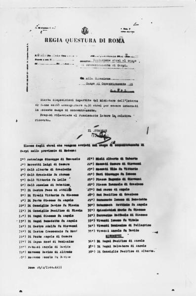 Lettera della Questura di Roma alla direzione del campo di concentramento di Carpi (22/02/1944) - Nazismo - Comunicazione - Deportazione - Campo di concentramento - Elenco ebrei