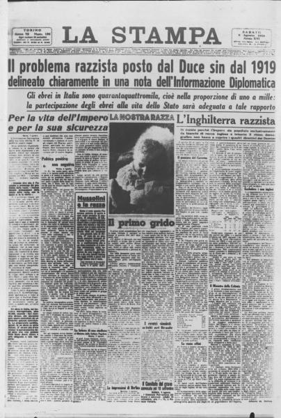 Prima pagina del quotidiano "La Stampa" 6/8/1938 - Fascismo - Razzismo - Ebrei - Leggi razziali antisemite