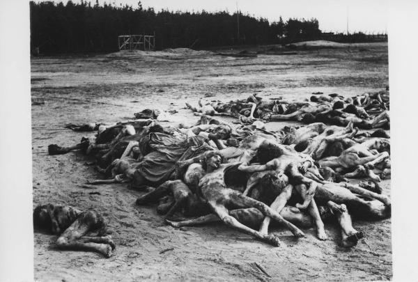 Seconda guerra mondiale - Nazismo - Germania - Campo di concentramento di Bergen Belsen - Cumulo di cadaveri scheletriti nudi insepolti