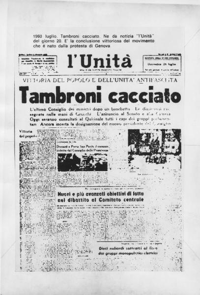 Prima pagina del quotidiano "l'Unità" del 20/07/1960 - Dimissioni del governo Tambroni - Vittoria del popolo - Antifascismo