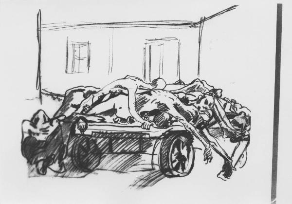 Disegno a matita di Aldo Carpi - Carro di morti davanti al deposito del crematorio ormai pieno - Campo di concentramento di Mauthausen-Gusen - Nazismo - 1945 - Crematorio - Cumulo di cadaveri nudi e scheletriti su un camion