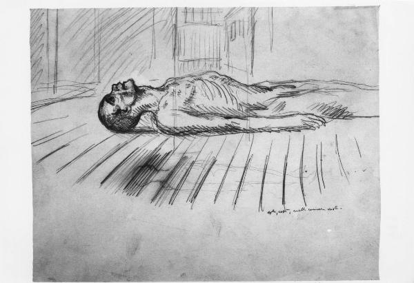 Disegno a matita di Aldo Carpi - Un russo agonizzante - Campo di concentramento di Gusen - Nazismo - 1945 - Stanza, interno - Ritratto maschile: uomo sdraiato sul pavimento dolorante