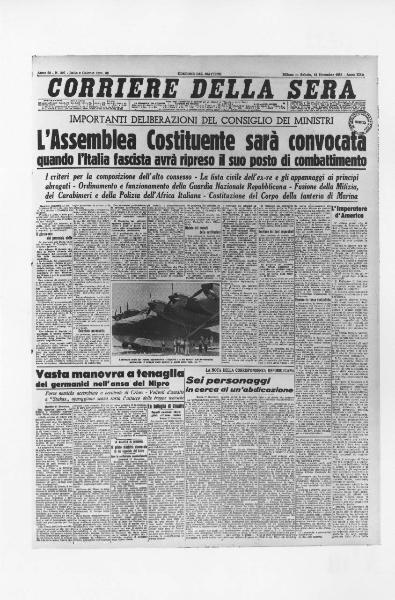 Prima pagina del quotidiano "Corriere della Sera" del 18/12/1943 - Repubblica Sociale Italiana (RSI) - Deliberazioni del Consiglio dei Ministri