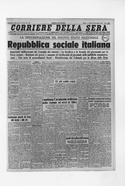 Prima pagina del quotidiano "Corriere della Sera" del 26/11/1943 - Nascita della Repubblica Sociale Italiana (RSI) - Deliberazioni del Consiglio dei Ministri