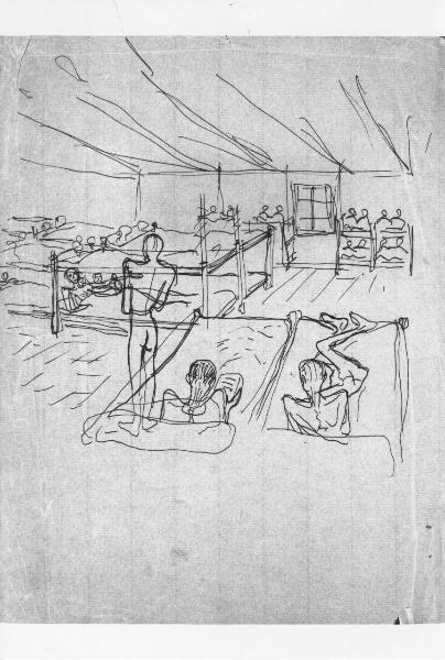 Disegno a penna di Lodovico Belgiojoso - Senza titolo - 1944-1945 - Milano, Raccolte della famiglia Belgiojoso - Campo di concentramento di Mauthausen-Gusen - Nazismo - Stanza dell'infermeria, interno - Letti - Prigionieri deportati