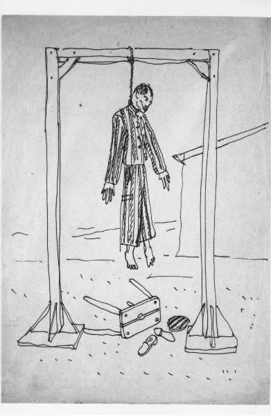Disegno a penna di Lodovico Belgiojoso - Senza titolo - 1944-1945 - Milano, Raccolte della famiglia Belgiojoso - Campo di concentramento di Mauthausen-Gusen - Nazismo - Forca - Impiccagione di un prigioniero deportato con pigiama a strisce "zebrato"