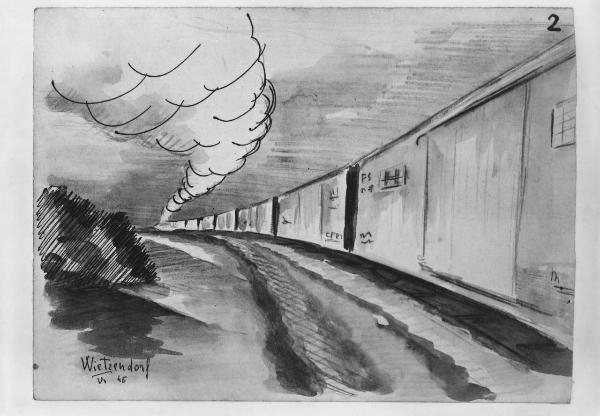Disegno di Carlo Slama - Senza titolo - 1945  - Nazismo - Deportazione - Treno con vagoni carro bestiame