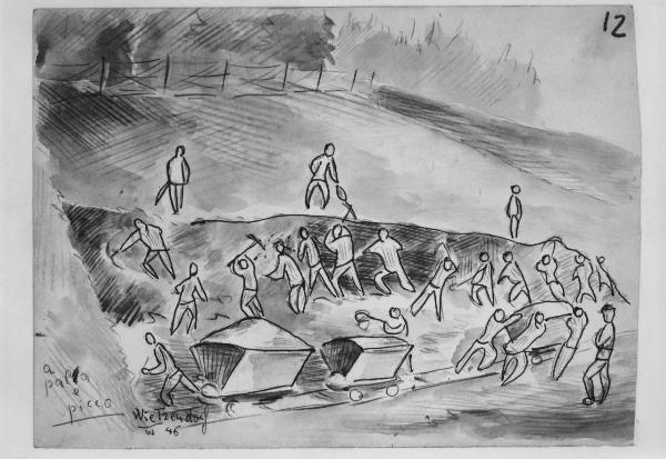 Disegno di Carlo Slama - A pala e picco - 1945  - Campo di concentramento di Buchenwald, Germania - Nazismo - Cava - Lavori forzati - Kommando di prigionieri con pigiama a strisce ("zebrati") al lavoro - Carrelli