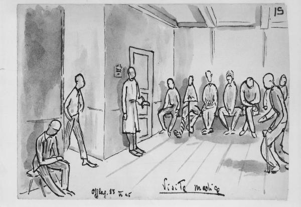 Disegno di Carlo Slama - Visita medica - 1945  - Campo di concentramento di Buchenwald, Germania - Nazismo - Infermeria - Sala d'attesa - Prigionieri con pigiama a strisce ("zebrati") - Dottore