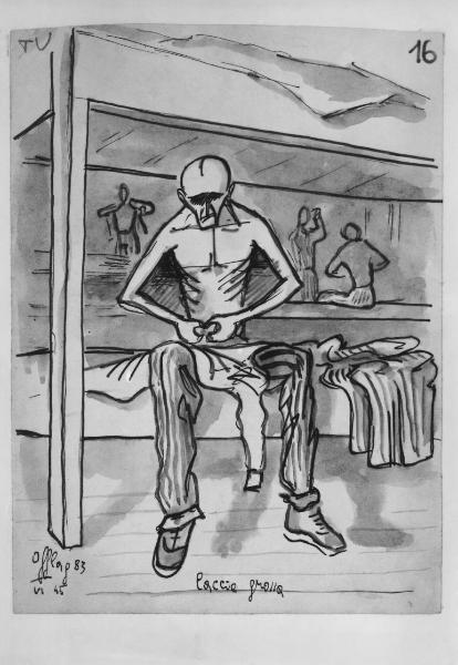 Disegno di Carlo Slama - Caccia grossa - 1945  - Campo di concentramento di Buchenwald, Germania - Nazismo - Dormitorio - Prigionieri con pigiama a strisce ("zebrati") - Eliminazione parassiti