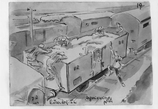Disegno di Carlo Slama - "Organizzazione" patate - 1945  - Campo di concentramento di Buchenwald, Germania - Nazismo - Treno, vagone - Prigionieri con pigiama a strisce ("zebrati")