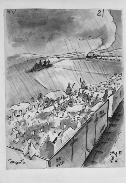 Disegno di Carlo Slama - Trasporto - 1945  - Campo di concentramento di Buchenwald, Germania - Nazismo - Treno - Vagoni all'aperto - Trasporto di prigionieri sotto la pioggia