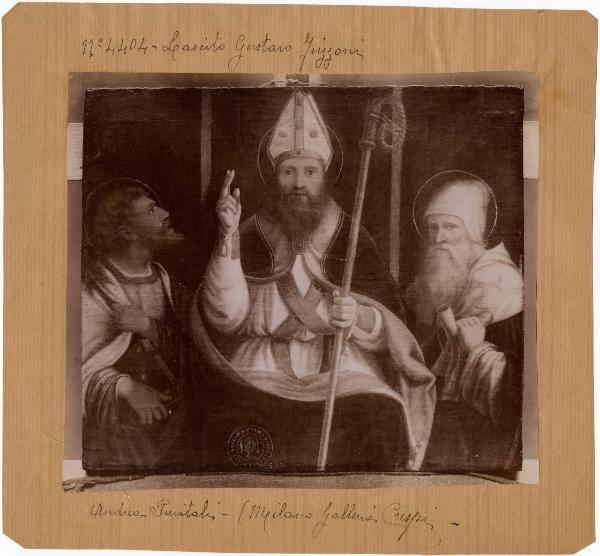 Ambito di Andrea Previtali - Santo vescovo in trono tra sant'Antonio Abate e un santo - Dipinto - Milano - Galleria Crespi