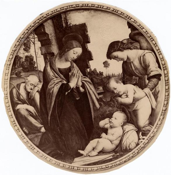 Bartolomeo della Porta detto Fra' Bartolomeo - Adorazione del Bambino con san Giuseppe, san Giovannino e un angelo - Dipinto su tavola - Tondo - Monaco - Alte Pinakothek