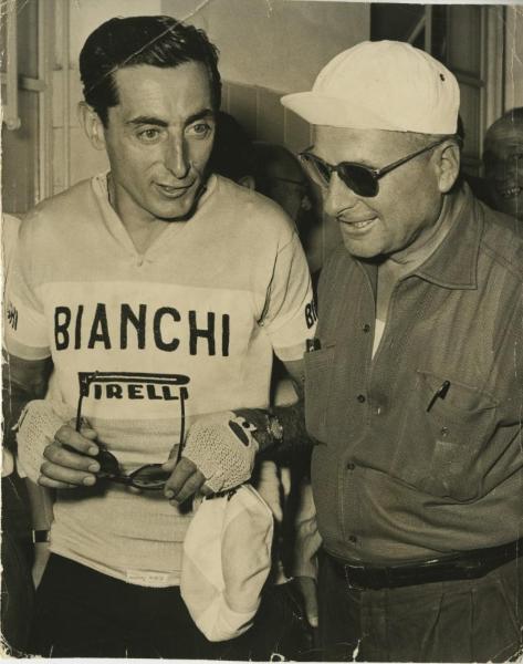 Ciclismo - Fausto Coppi - Corsa Tre Valli Varesine 1958 - Con Alfredo Binda prima della partenza