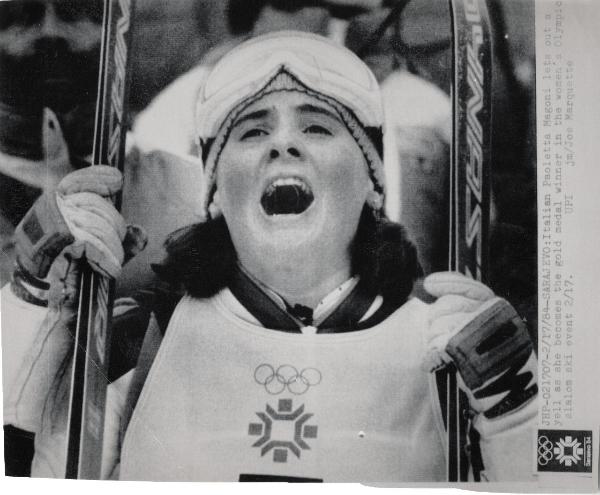 Sport invernali - Sci alpino - Slalom speciale femminile - Monte Jahorina-Sarajevo (Bosnia Erzegovina) - Giochi della XIV Olimpiade invernale 1984 - Paola  Magoni esulta per la vittoria