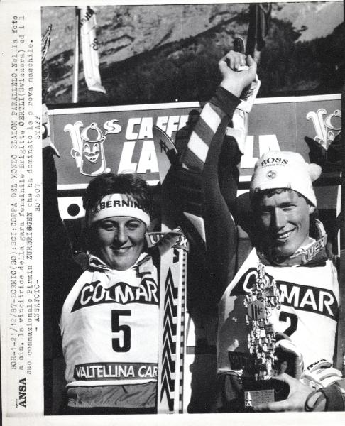 Sport invernali - Sci alpino - Slalom parallelo - Bormio - Coppa del mondo di sci alpino 1988 - I vincitori Brigitte Oertli e Pirmin Zurbriggen