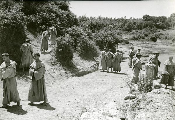 Scena del film "Francesco, giullare di Dio" - Rossellini, Roberto, 1950 - In mezzo a un campo, tra alberi e sterpaglie, attori non identificati in veste da frate camminano. A sinistra, si riconosce Nazario Gerardi.
