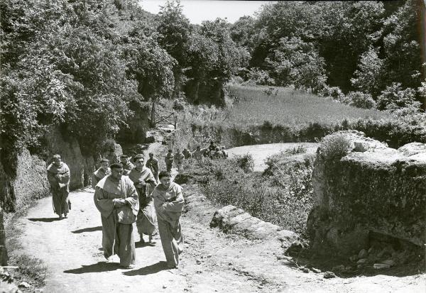 Scena del film "Francesco, giullare di Dio" - Rossellini, Roberto, 1950 - Un gruppo di attori non identificati in veste da frate cammina su un sentiero in salita in mezzo al bosco.
