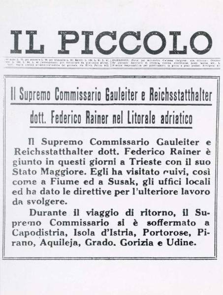 Prima pagina del quotidiano di Trieste "Il piccolo" 1943 ca. - Nazismo - Friedrich Rainer, Commissario Supremo del Litorale Adriatico, a Trieste