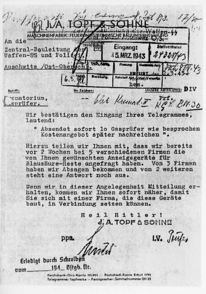 Lettera di Topf & Sohne indirizzata alle SS di Auschwitz sull'invio del rivelatore dei gas per il crematorio - Nazismo - Campo di concentramento di Auschwitz - Forni crematori