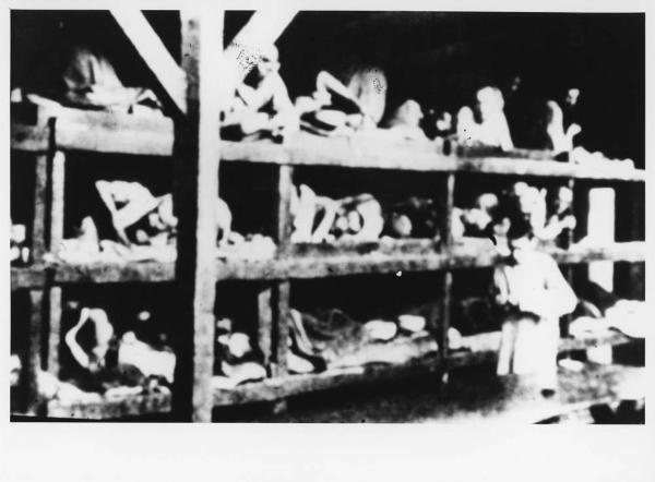 Seconda guerra mondiale - Nazismo - Germania - Campo di concentramento di Buchenwald - Interno di baracca - Dormitorio - Deportati sopravvissuti sui "letti" dopo la liberazione